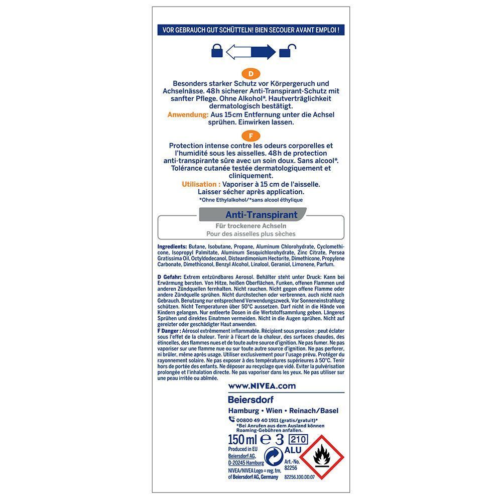 Rückseite einer NIVEA Stress Protect Ultimate Protect Anti-Transpirant Dose mit Anwendungshinweisen.