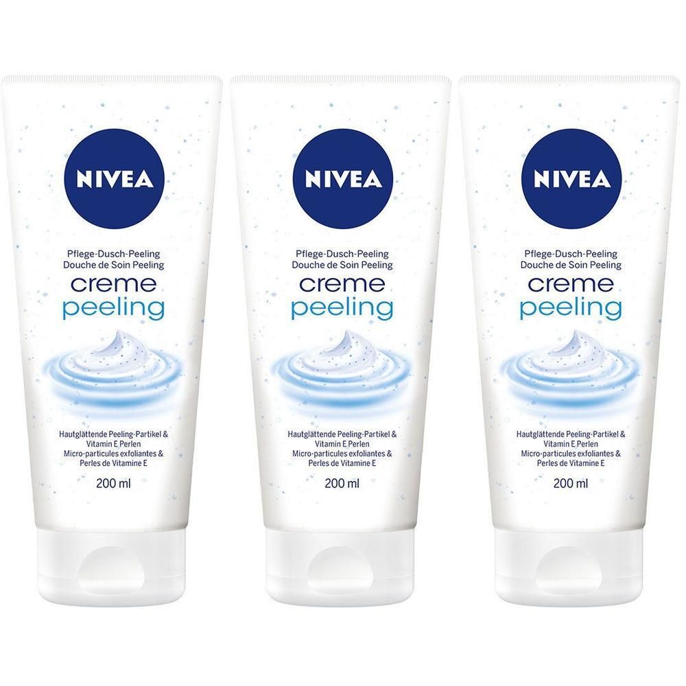 Drei NIVEA Creme Peeling Duschpflege-Tuben mit je 200 ml Inhalt. Weiße Tuben mit blauem NIVEA Logo und Produktabbildung.