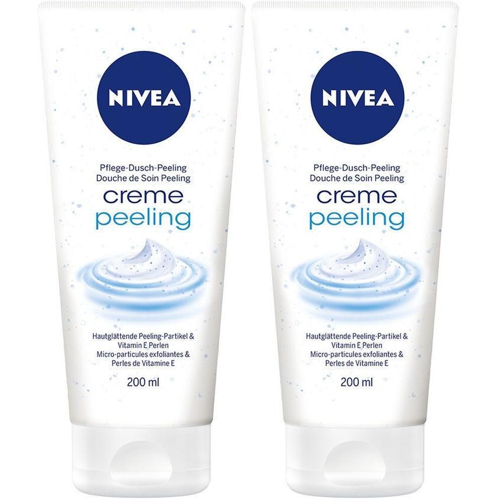 Zwei NIVEA Creme Peeling Duschpflege-Tuben mit je 200 ml Inhalt. Weiße Tuben mit blauem NIVEA Logo und Produktbeschreibung.