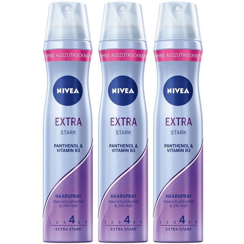 Drei NIVEA Haarspray Extra Stark Flaschen mit Panthenol & Vitamin B3 für 24h Halt.