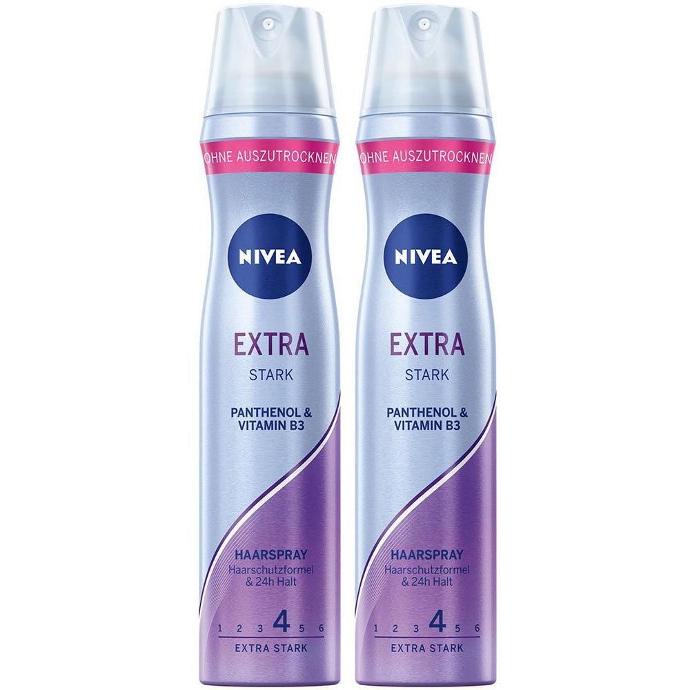 Zwei NIVEA Haarspray Extra Stark Flaschen mit Panthenol & Vitamin B3 für 24h Halt.