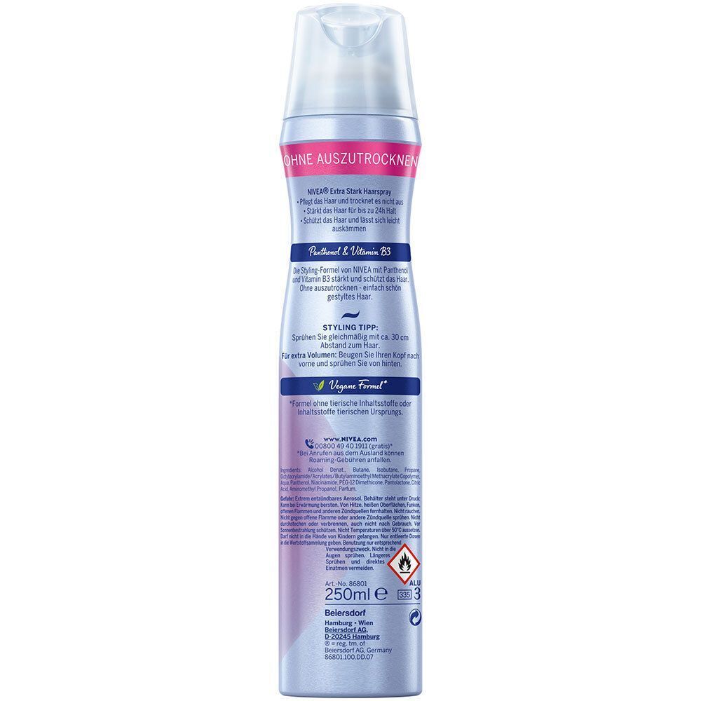 Rückseite einer NIVEA Haarspray Extra Stark Flasche mit Inhaltsstoffen und Anwendungshinweisen.