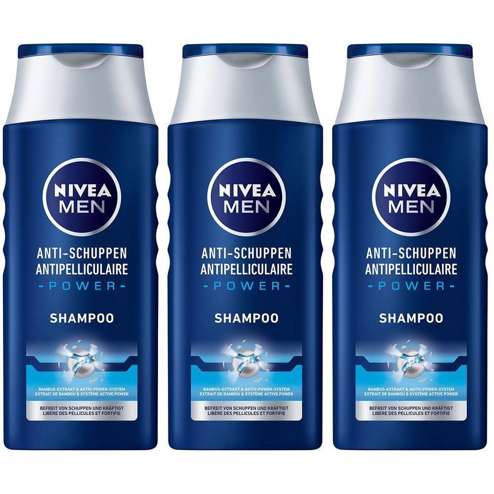 Drei NIVEA MEN Anti-Schuppen Power Shampoo Flaschen in Dunkelblau mit silbernen Kappen.
