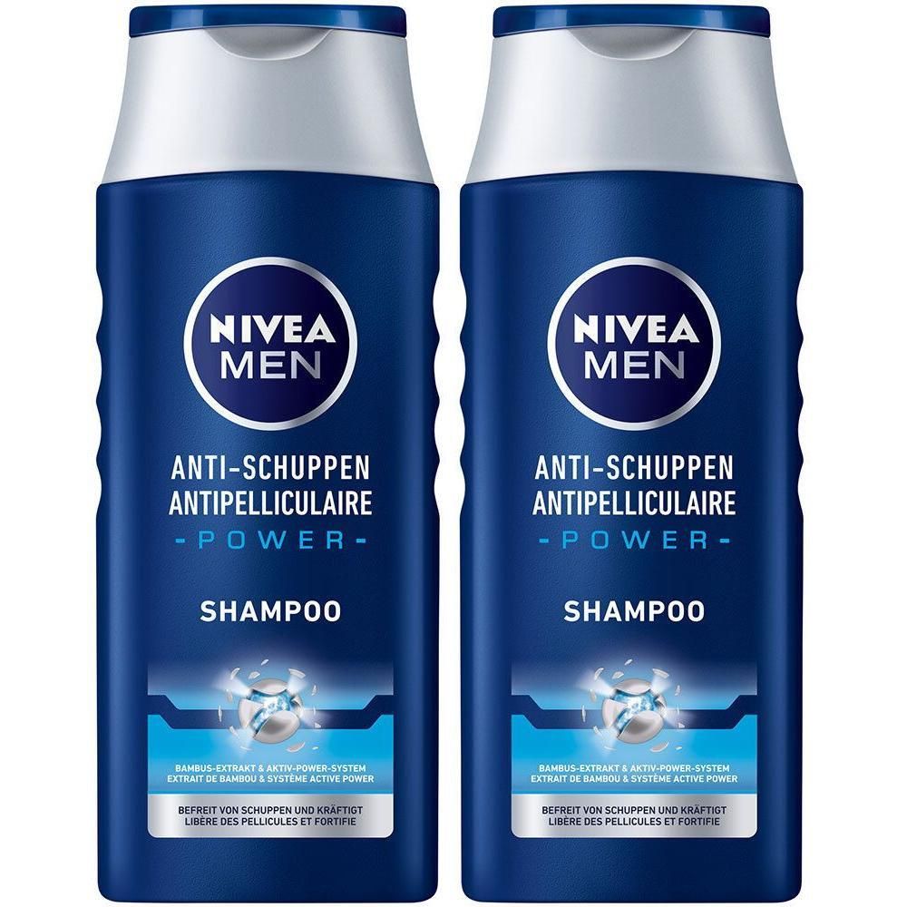 Zwei NIVEA MEN Anti-Schuppen Power Shampooflaschen, blau mit weißem Deckel, vorne.