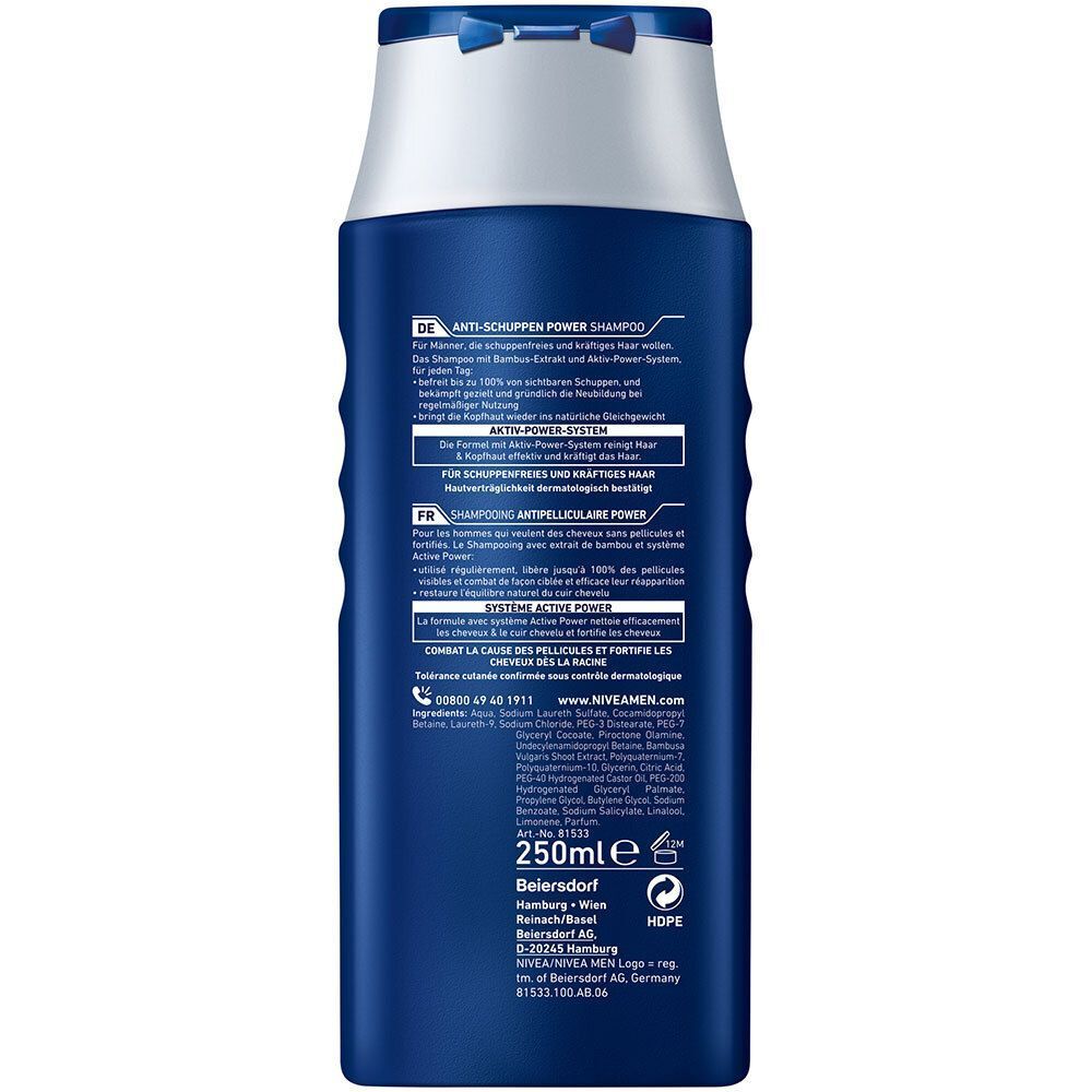 Rückseite einer NIVEA MEN Anti-Schuppen Power Shampooflasche, blau mit weißem Deckel, 250ml.
