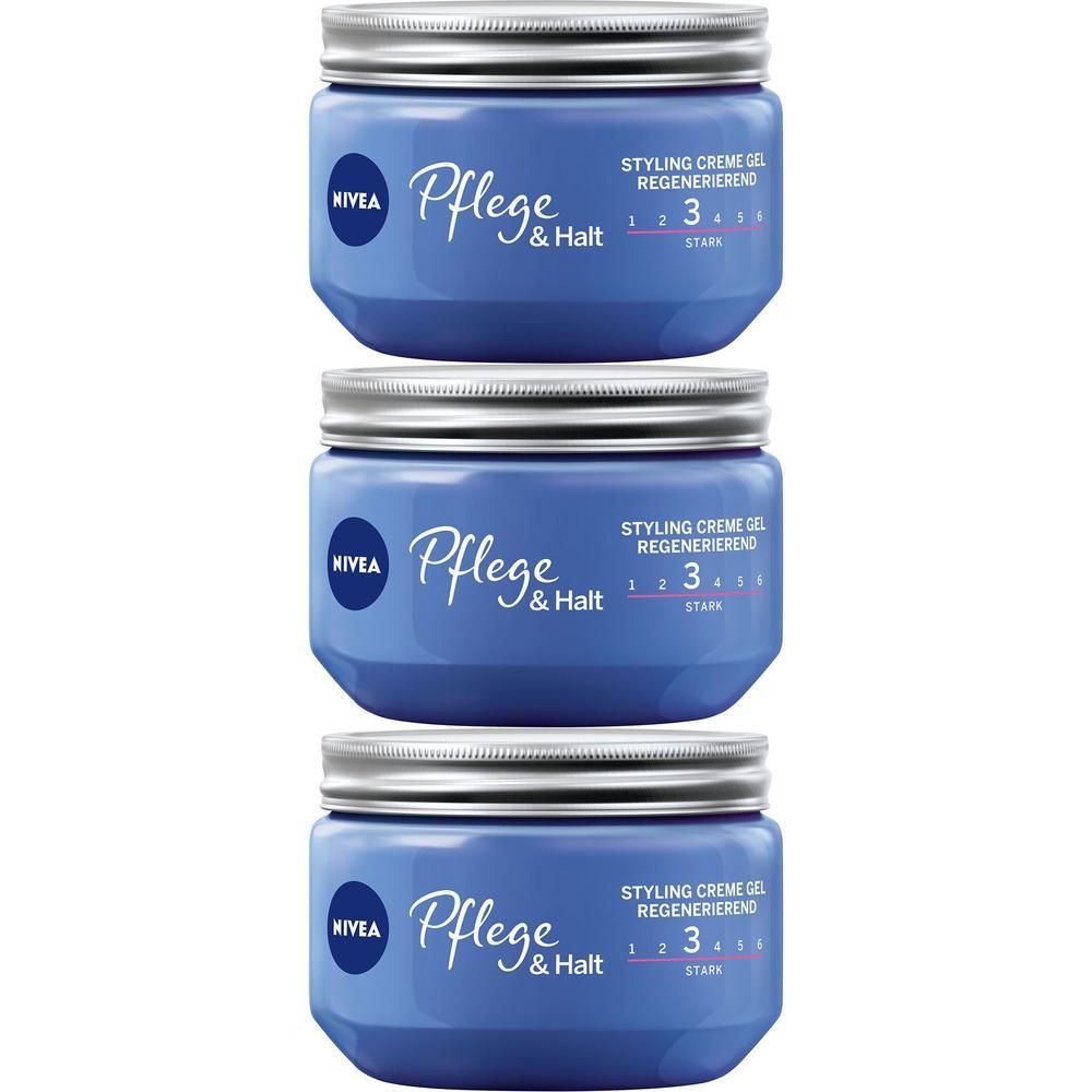 Drei NIVEA Pflege & Halt Styling Creme Gel Tiegel mit silbernen Deckeln.