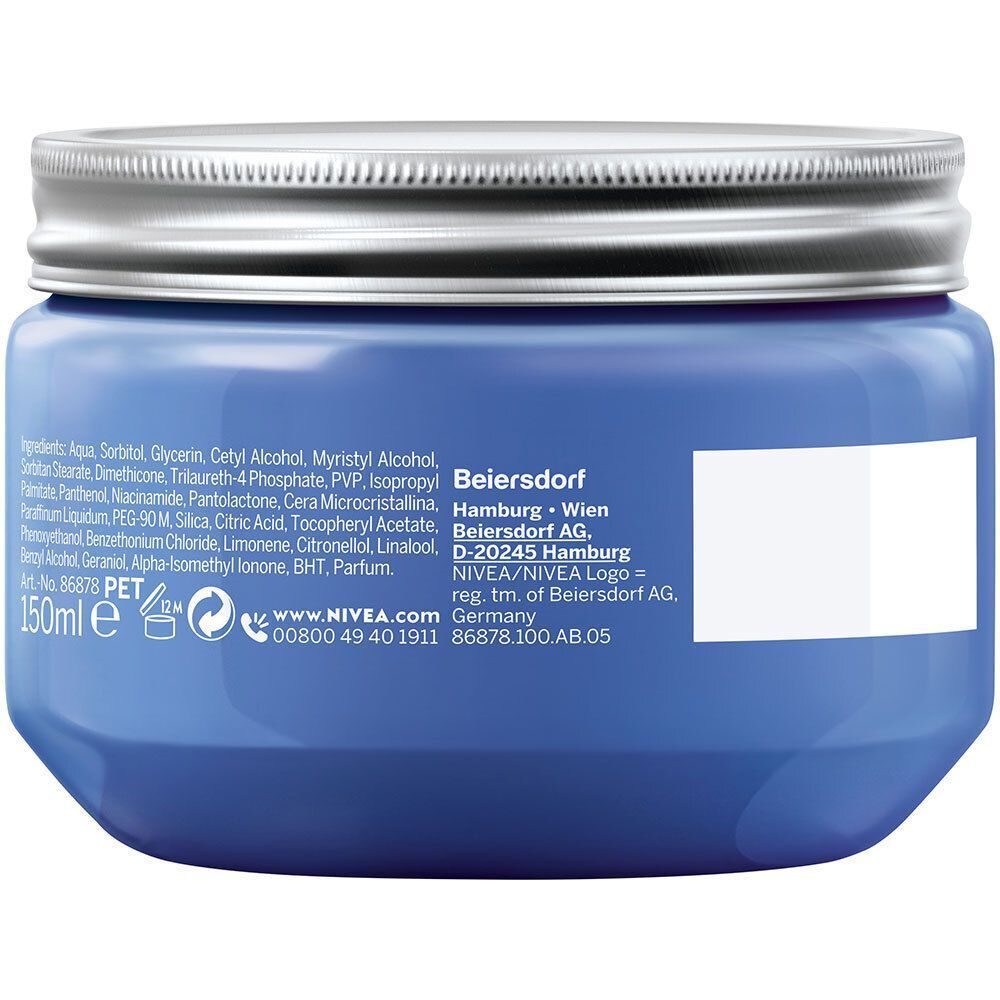 Rückseite eines NIVEA Pflege & Halt Styling Creme Gel Tiegels mit Inhaltsstoffangaben und 150ml Angabe.