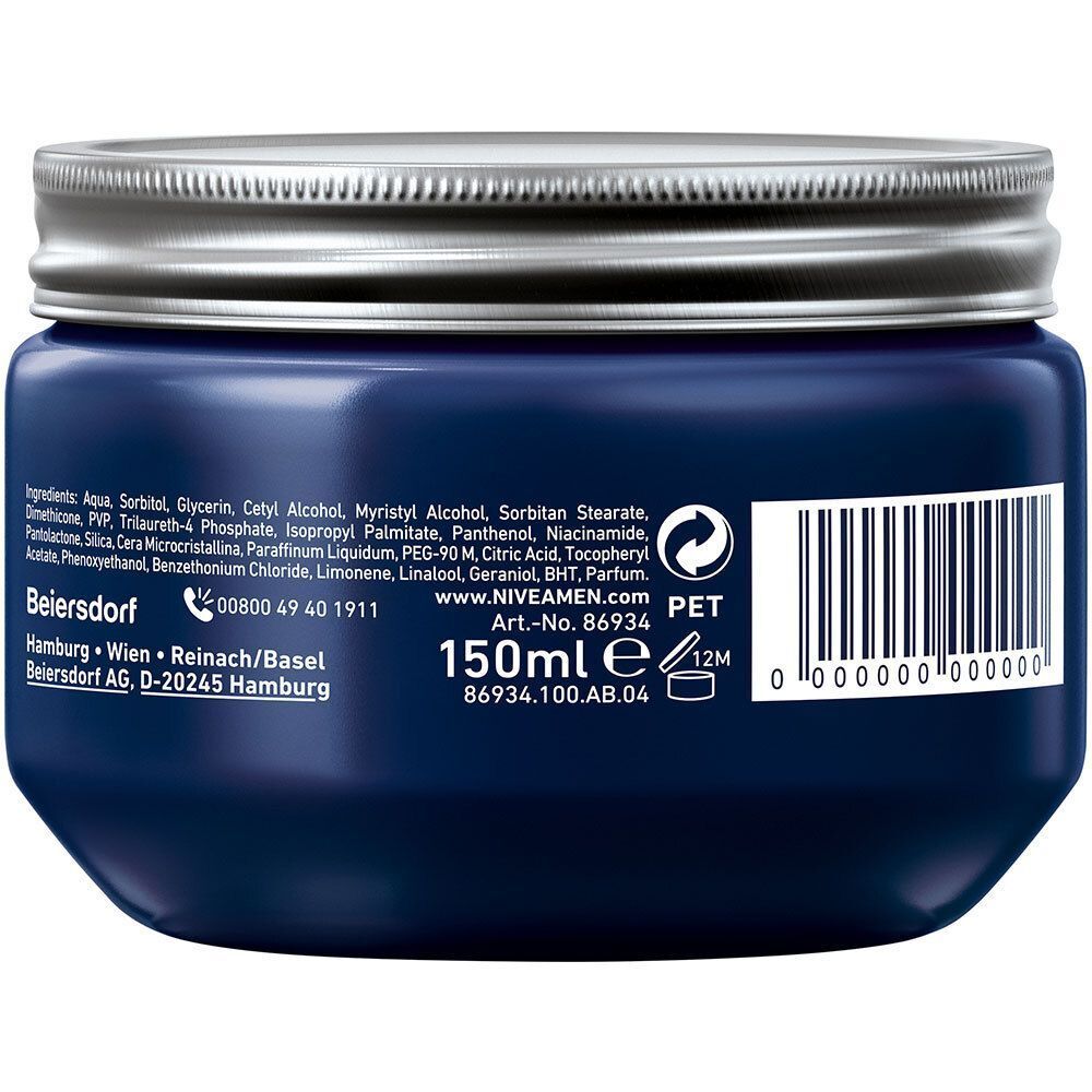 Rückseite eines NIVEA MEN Craft Stylers Natural Look Styling Cream Tiegels mit Inhaltsstoffen und 150ml Angabe.