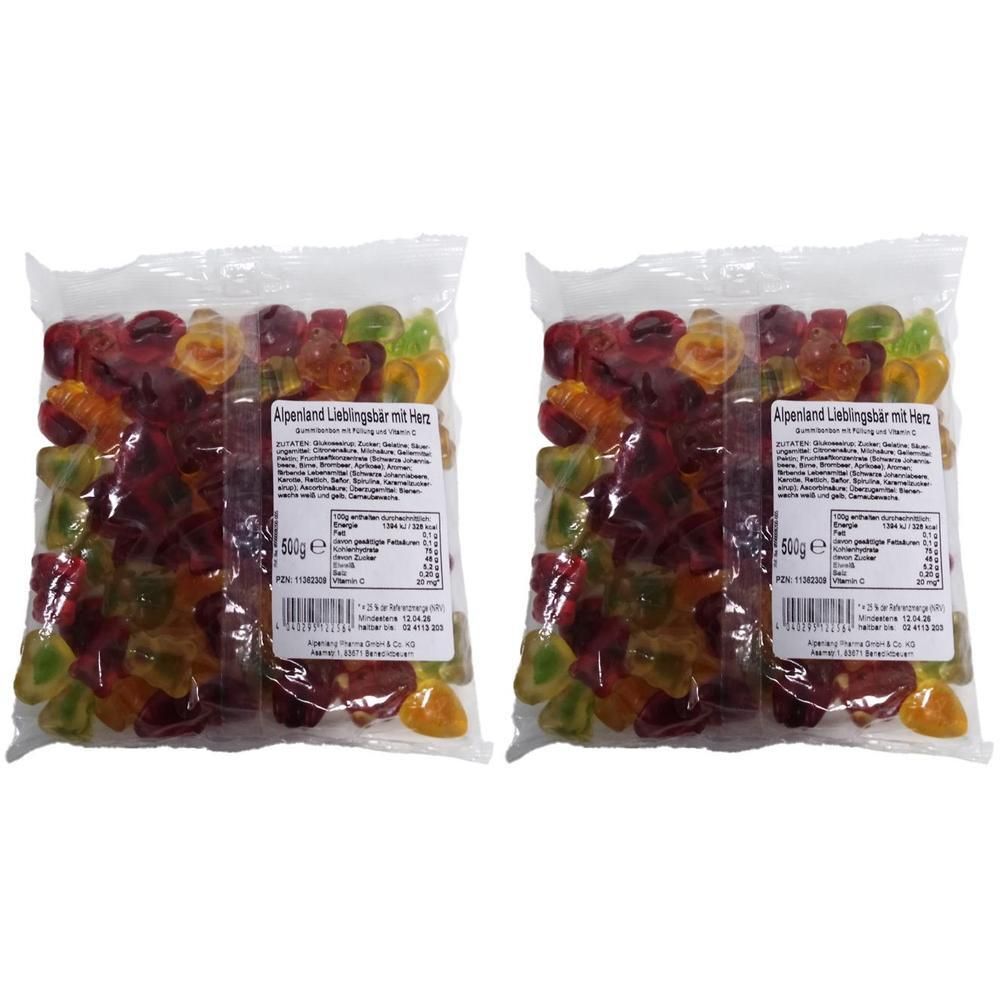 Zwei Beutel mit bunten Gummibärchen in Bären- und Herzform. Die Beutel zeigen Produktinformationen und Nährwertangaben.