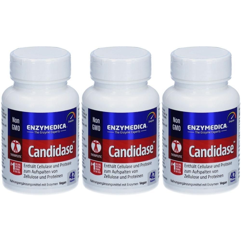 Drei Enzymedica Candidase Flaschen mit 42 Kapseln. Non GMO.