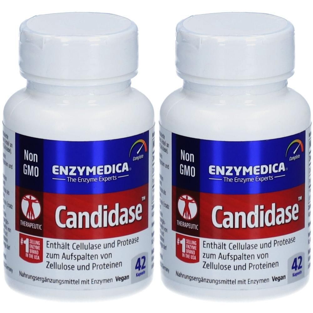 Zwei Flaschen Enzymedica Candidase, 42 Kapseln pro Flasche. Nicht gentechnisch verändert, vegan.