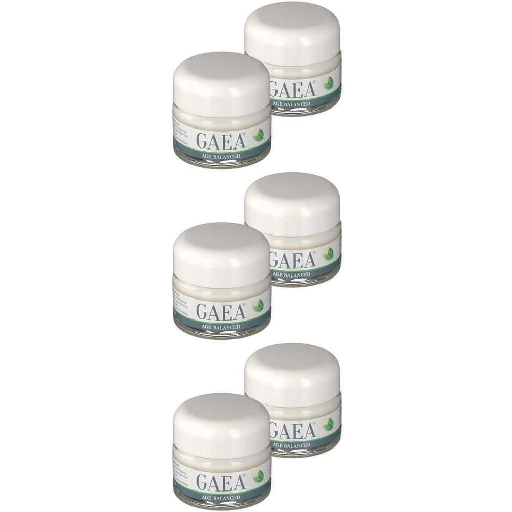 Fünf kleine Tiegel GAEA Age Balanced Gesichtscreme mit weißen Deckeln und grünen Etiketten.