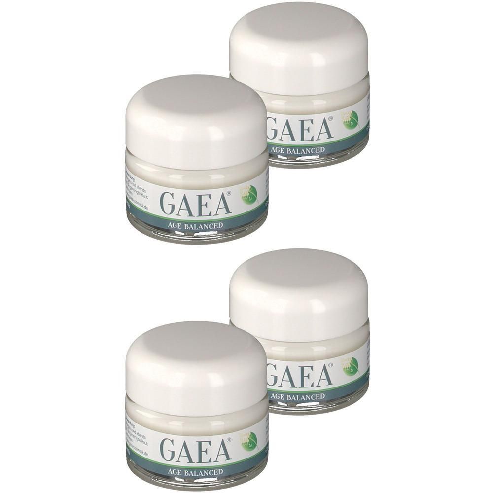 Vier kleine Tiegel GAEA Age Balanced Gesichtscreme mit weißen Deckeln und Etiketten.