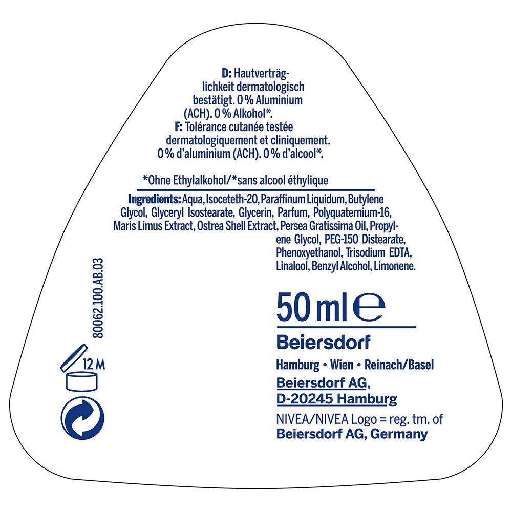 NIVEA Fresh Flower Roll-On Etikett: 50ml, 0% Aluminium, 0% Alkohol, dermatologisch getest.