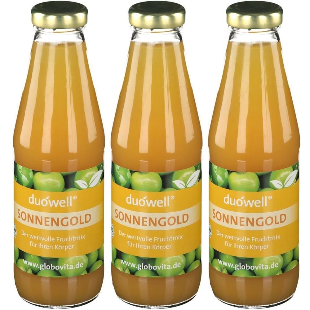 Drei Flaschen duówell® Sonnengold Fruchtsaft mit gelben Etiketten und grünen Äpfeln.