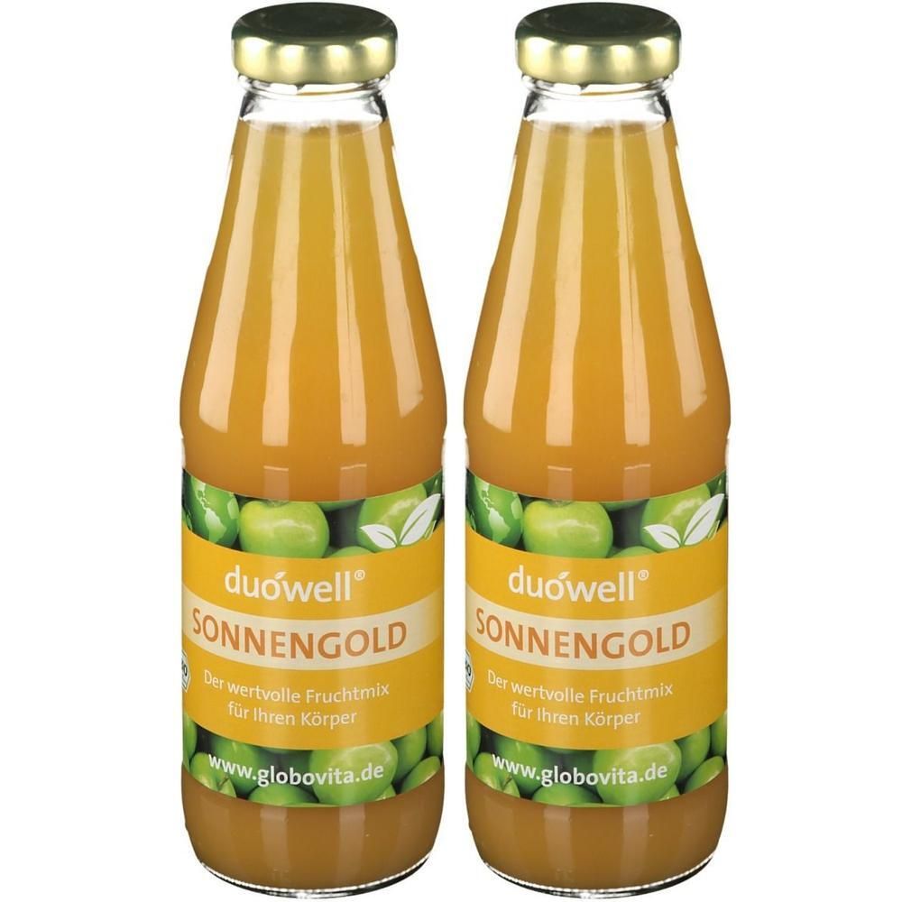 Zwei Glasflaschen duówell® Sonnengold Fruchtsaft mit gelbem Etikett und grünen Äpfeln.