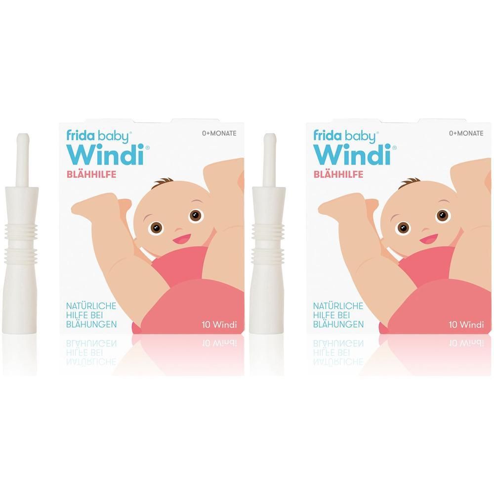 Zwei Packungen Frida Baby Windi Blähhilfe, jede mit 10 Einweg-Kathetern. Weiße Katheter mit geriffeltem Griff.