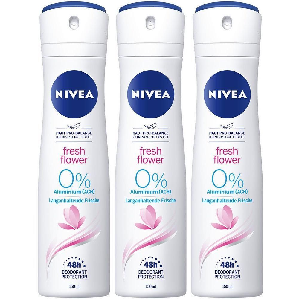 Drei NIVEA Fresh Flower Deodorant Sprays mit 0% Aluminium (ACH) und 48h Schutz.