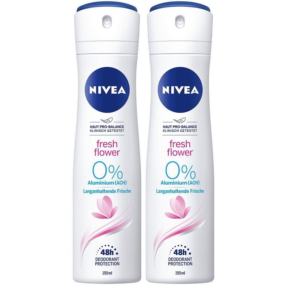 Zwei NIVEA Fresh Flower Deodorant Sprays mit 0% Aluminium und 48h Schutz.