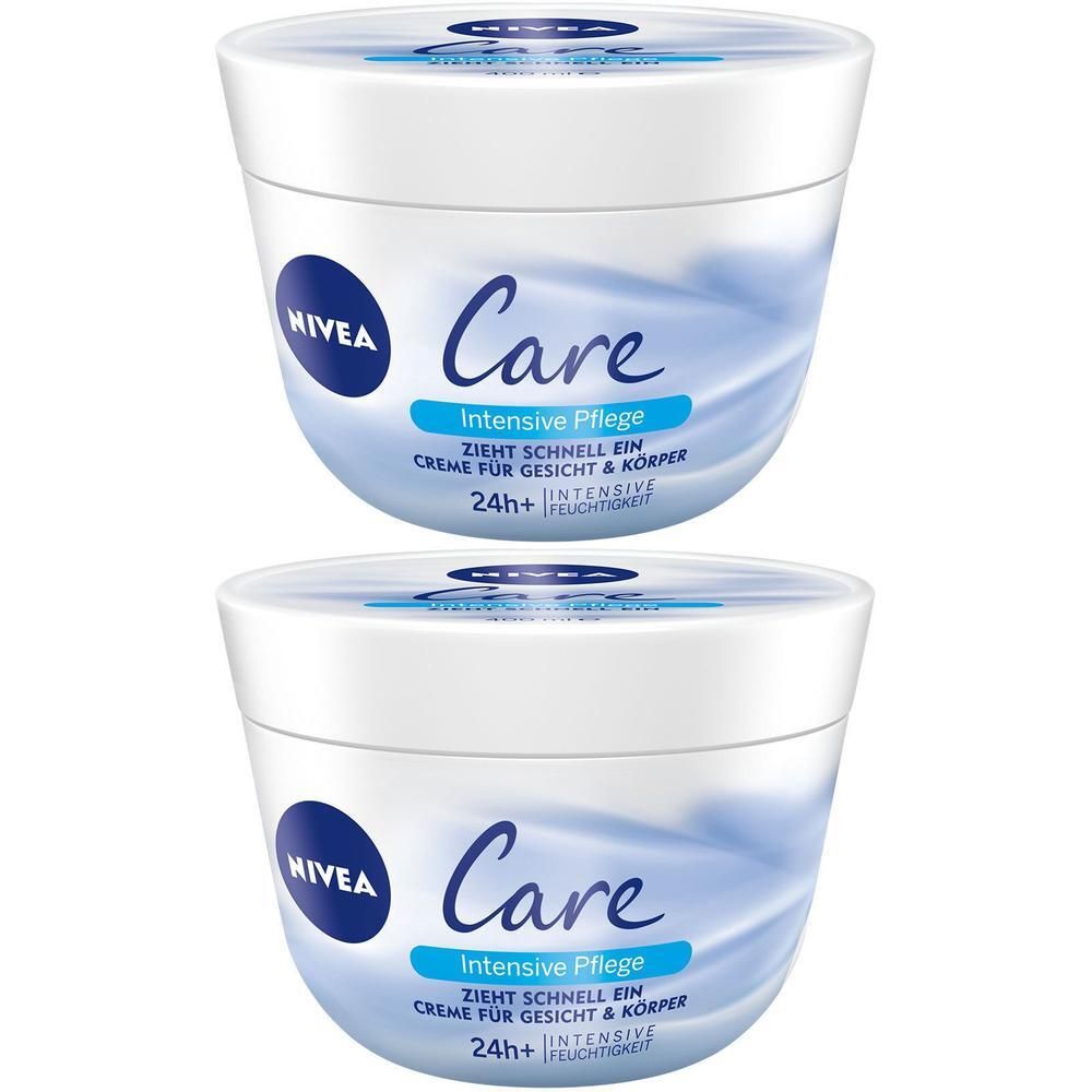 Zwei NIVEA Care Intensiv Pflege Cremetiegel mit blau-weißem Etikett. Beschriftung: Care, Intensive Pflege, 24h+ Feuchtigkeit.