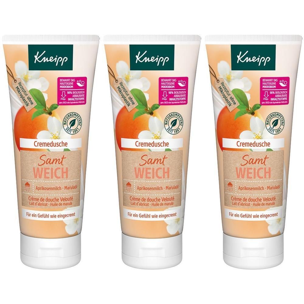Drei Tuben Kneipp® Cremedusche Samtweich mit Aprikosenmilch und Mandelöl.