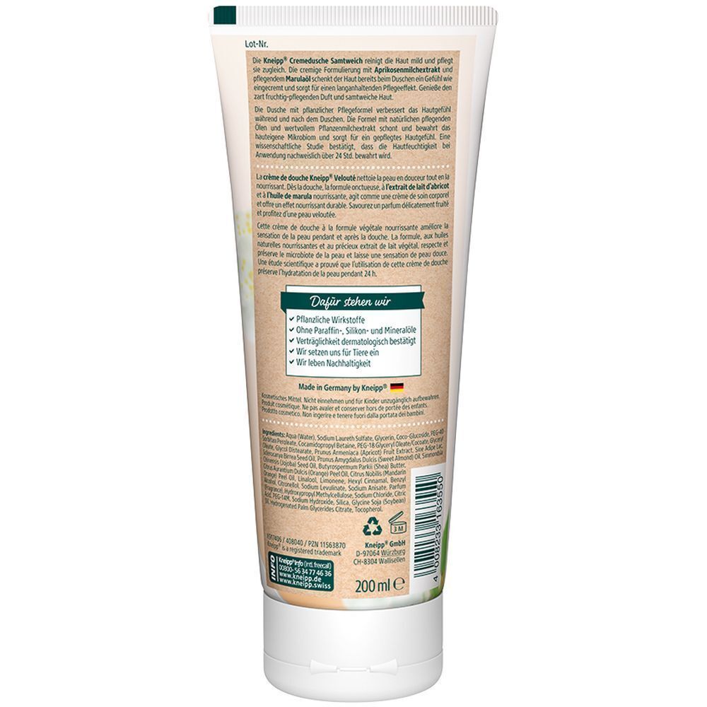 Rückseite einer Tube Kneipp® Cremedusche Samtweich mit Inhaltsstoffen und Anwendungshinweisen.