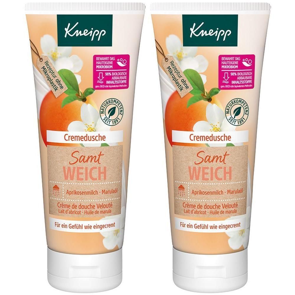 Zwei Tuben Kneipp® Cremedusche Samtweich mit Aprikosenmilch und Marulaöl.