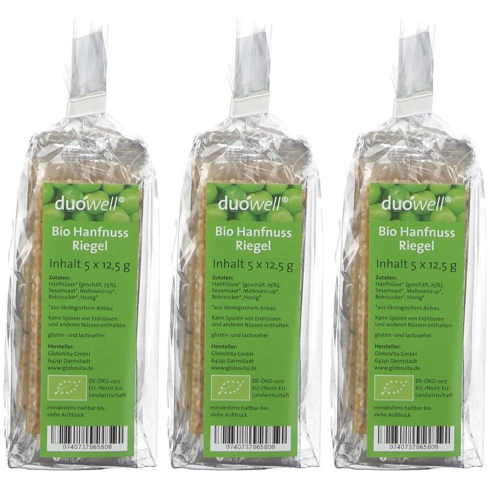 Drei duówell Bio Hanfnuss Riegel, einzeln verpackt, mit Bio-Siegel.
