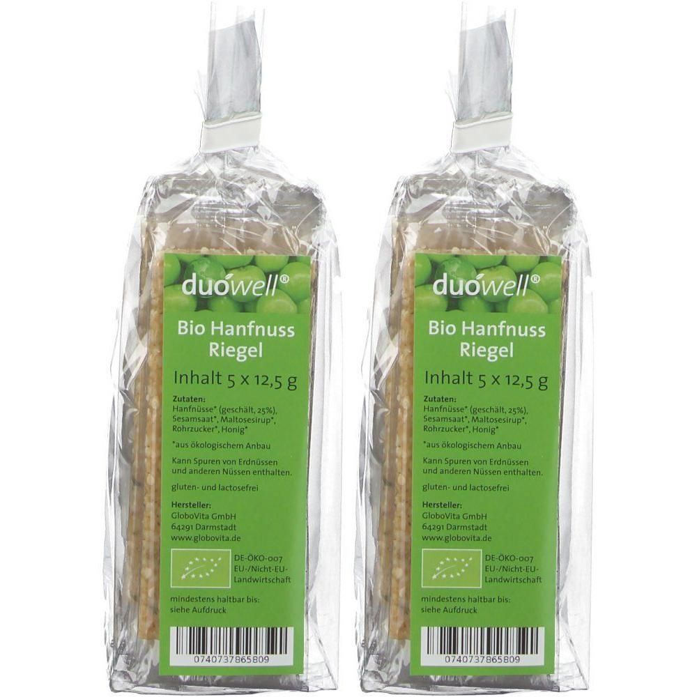Zwei Packungen duówell Bio Hanf & Sesam Riegel, Inhalt 5 x 12,5 g.