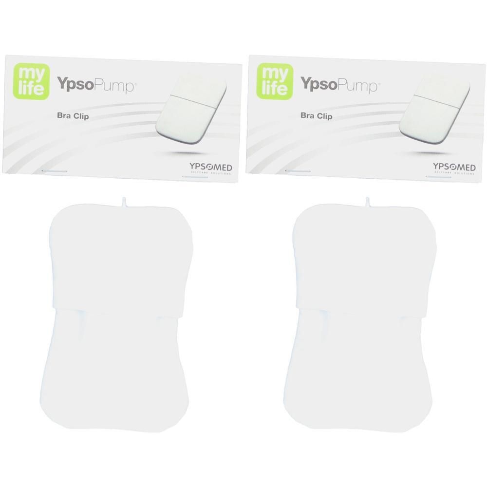 Zwei weiße Ypsomed mylife YpsoPump BH-Clips auf Verpackung.