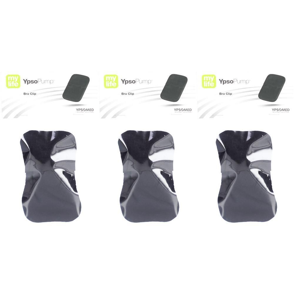 Drei Ypsomed mylife Bra Clips in Schwarz, einzeln verpackt.