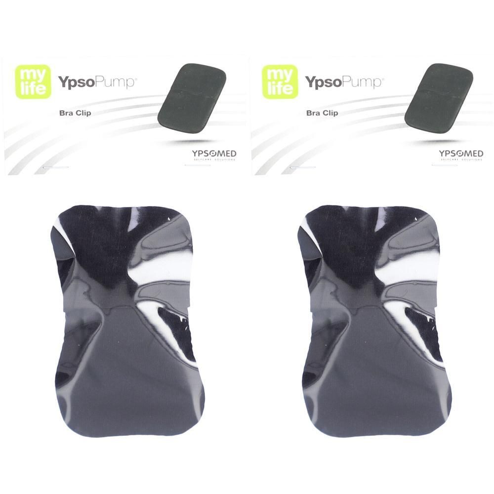 Zwei schwarze Ypsomed mylife Bra Clips für die YpsoPump. Die Clips sind rechteckig mit abgerundeten Ecken.