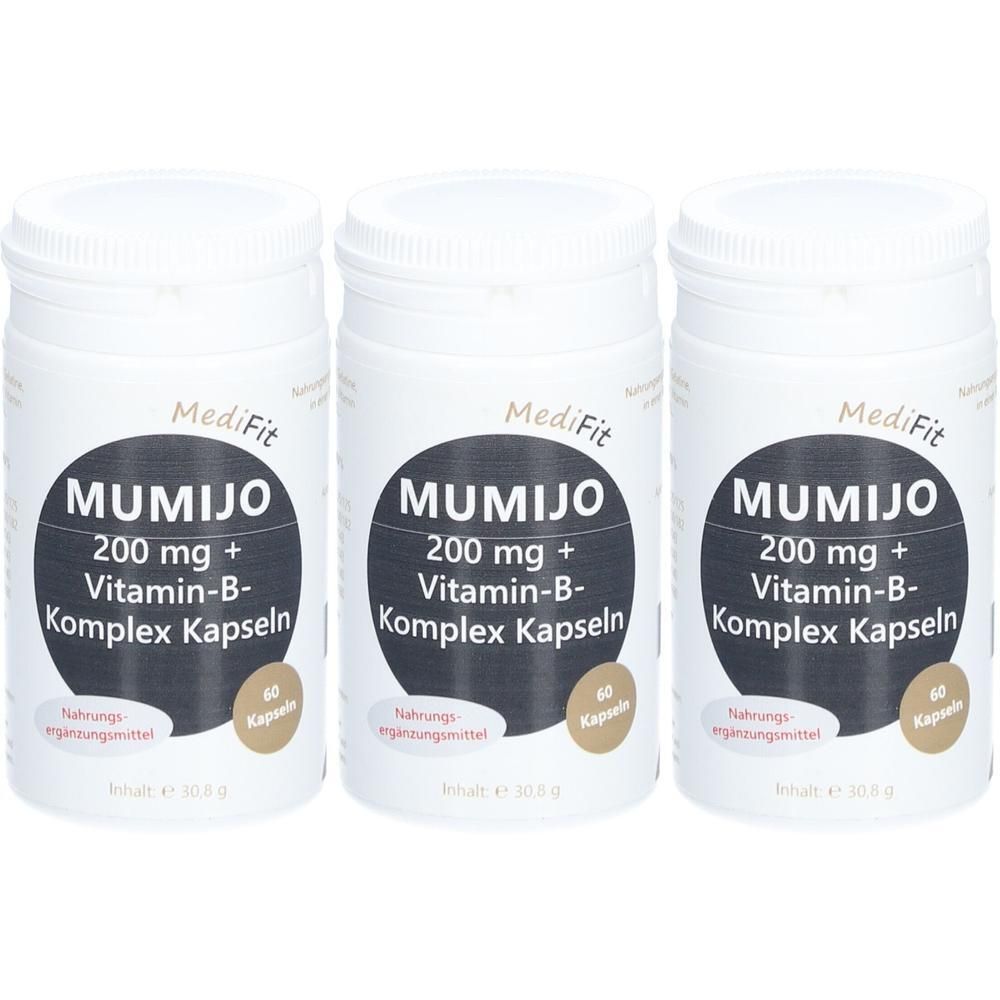 Drei Dosen Mumijo 200 mg + Vitamin-B-Komplex Kapseln von MediFit, jede Dose enthält 60 Kapseln.