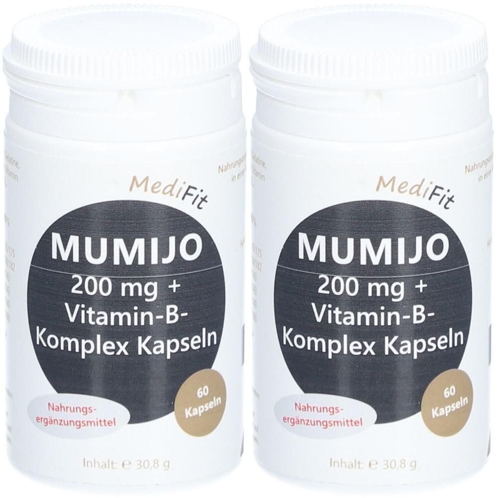 Zwei Dosen Mumijo 200 mg + Vitamin-B-Komplex Kapseln von MediFit, je 60 Kapseln.