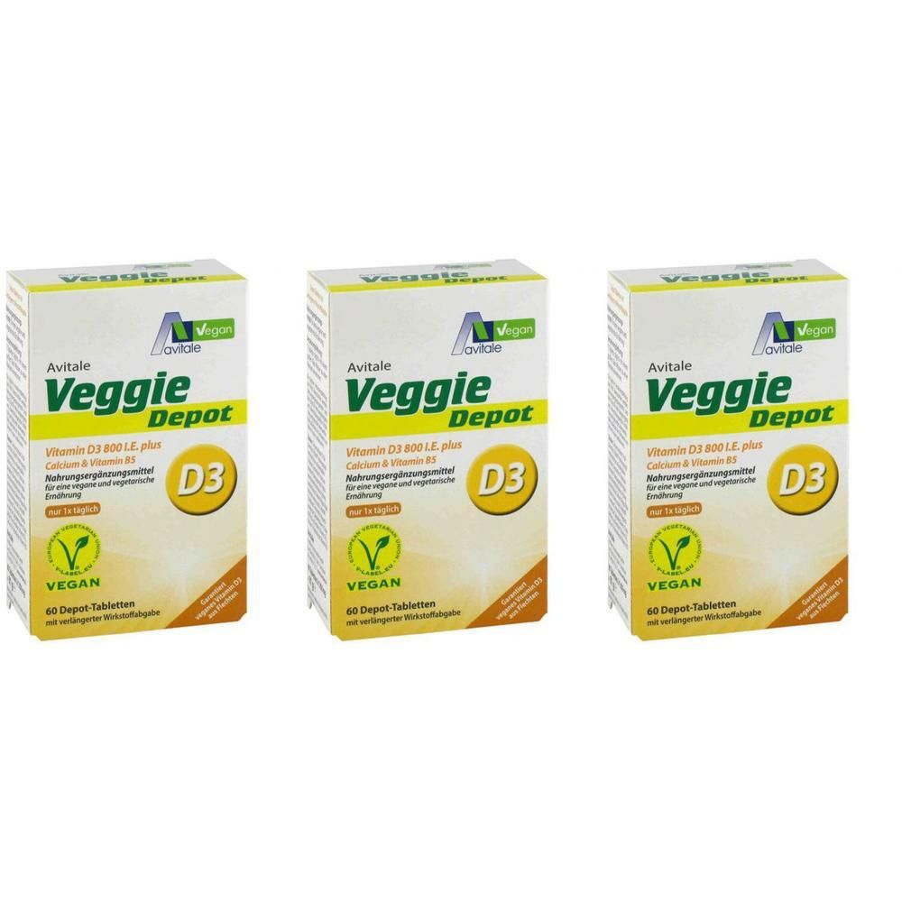 Drei Packungen Avitale Veggie Depot Vitamin D3 800 I.E. plus Calcium & Vitamin B5. Vegane Nahrungsergänzung.