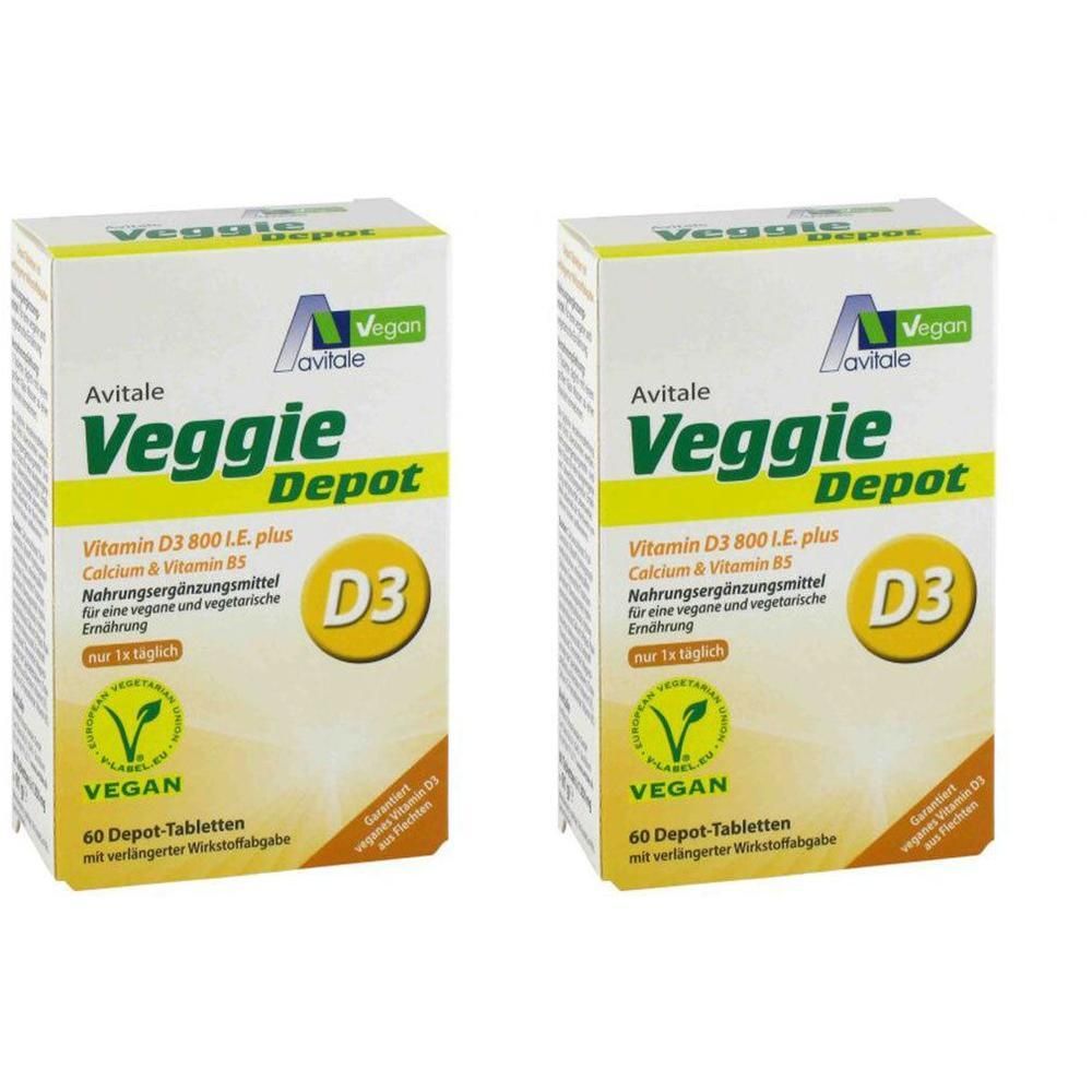 Zwei Packungen Avitale Veggie Depot Vitamin D3, Calcium & B5. 60 Depot-Tabletten pro Packung.