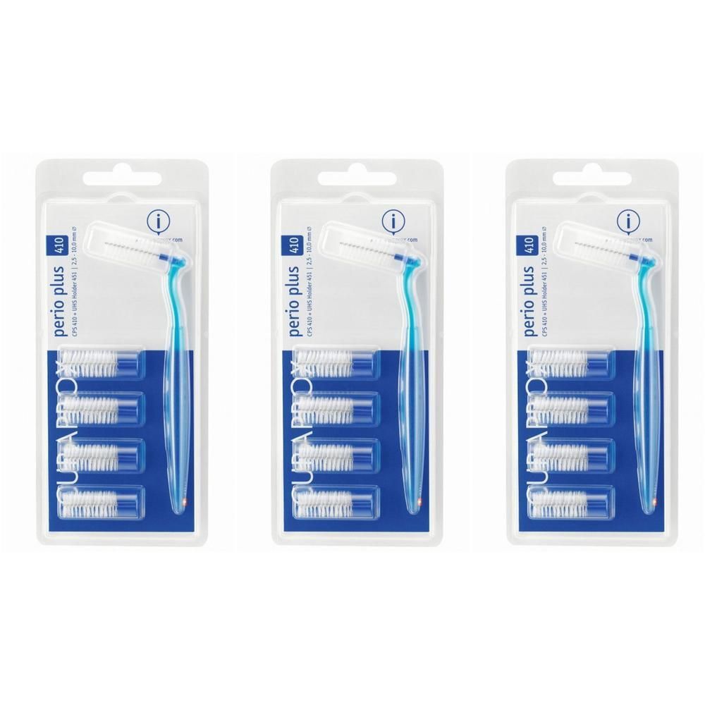 Drei Packungen mit je einer Interdentalbürste und vier Ersatzbürstenköpfen. Blaue Griffe, weiße Bürstenköpfe.