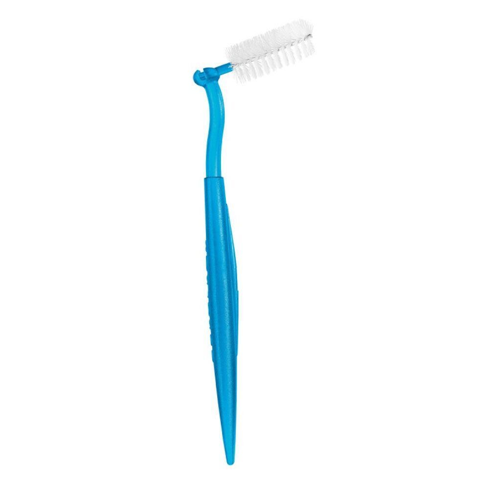 Eine blaue Interdentalbürste mit abgewinkeltem Bürstenkopf und weißen Borsten. Ergonomischer Griff.