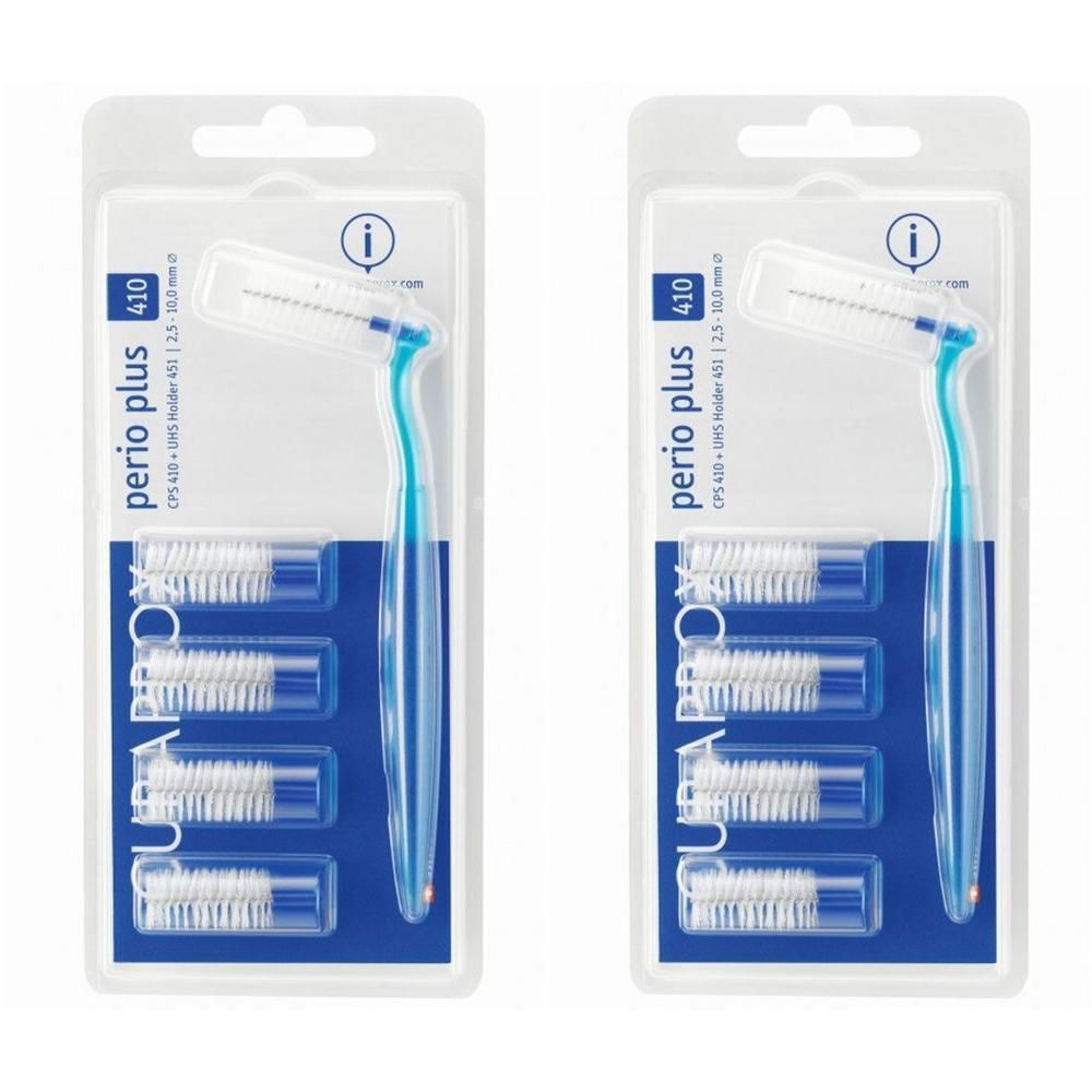 Zwei Packungen mit je einem blauen Interdentalbürstenhalter und vier Bürstenköpfen. Größe 410, 2,5-10 mm.