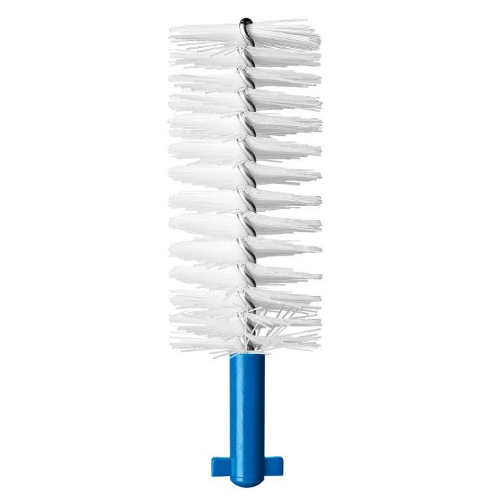 Ein einzelner Bürstenkopf für Interdentalbürsten. Weiße Borsten, blauer Sockel. Größe 410, 2,5-10 mm.