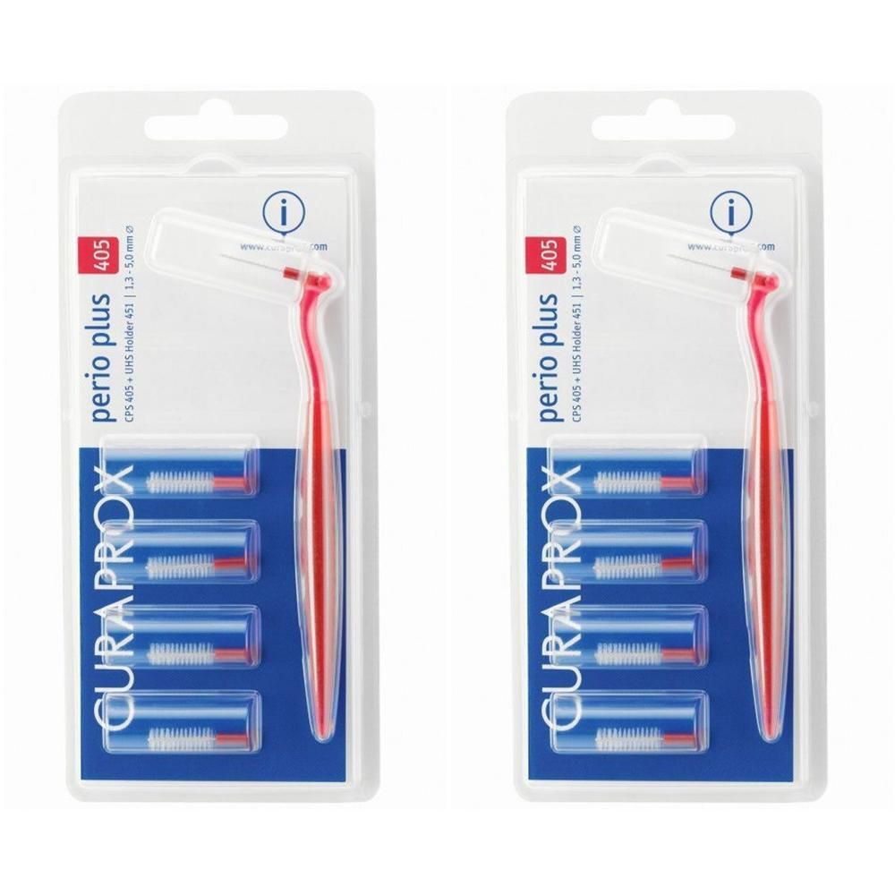 Zwei Packungen Curaprox Perio Plus Interdentalbürsten 405, 1,3-5 mm, mit UHS Halter 451. Jede Packung enthält eine Bürste und vier Ersatzbürsten.