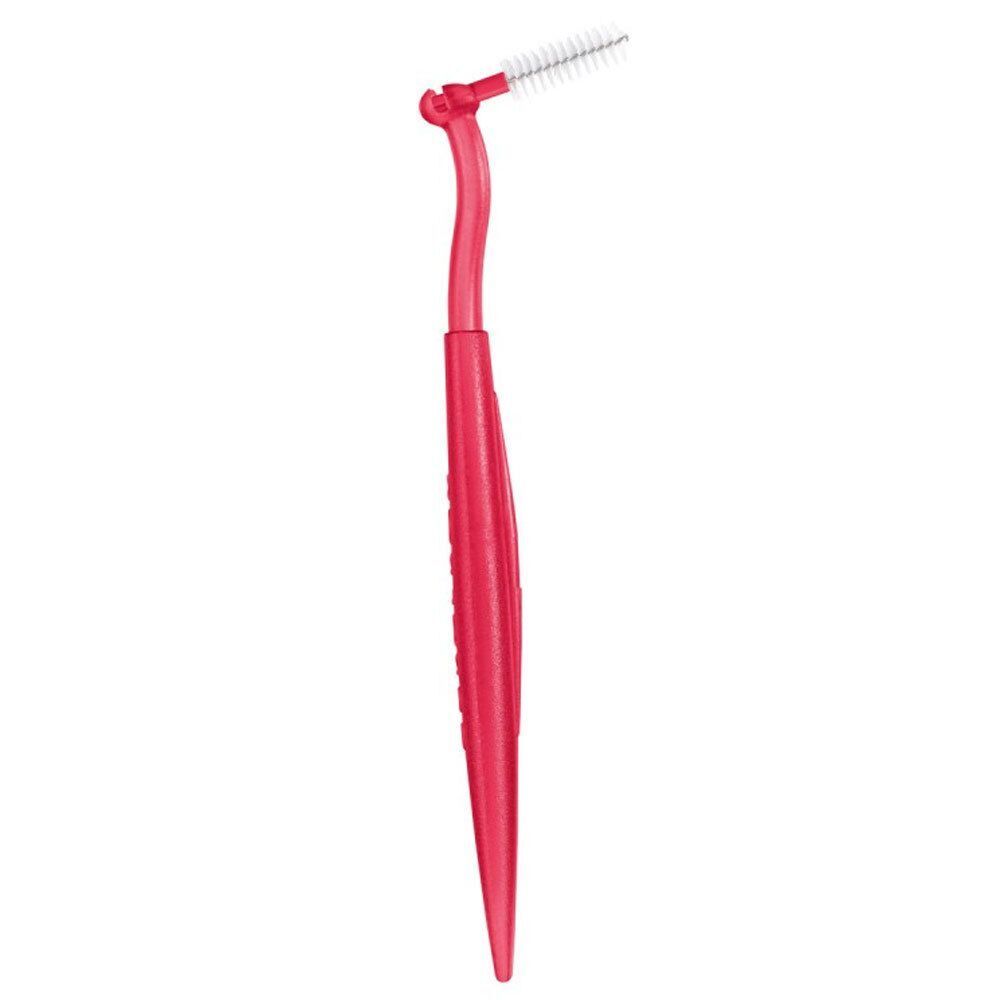 Eine rote Curaprox Perio Plus Interdentalbürste 405 mit weißer Borste und UHS Halter 451. Die Bürste hat einen abgewinkelten Kopf.