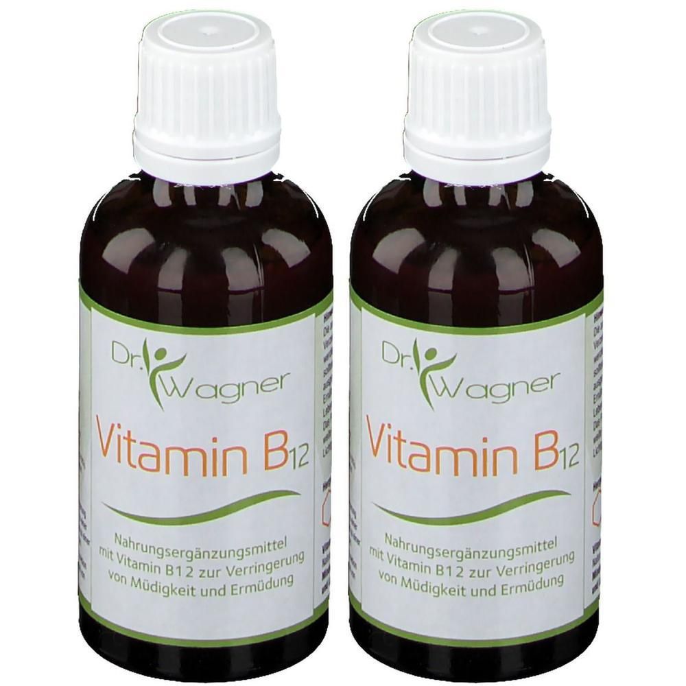 Zwei Flaschen Dr. Wagner Vitamin B12 Tropfen mit weißen Schraubverschlüssen.