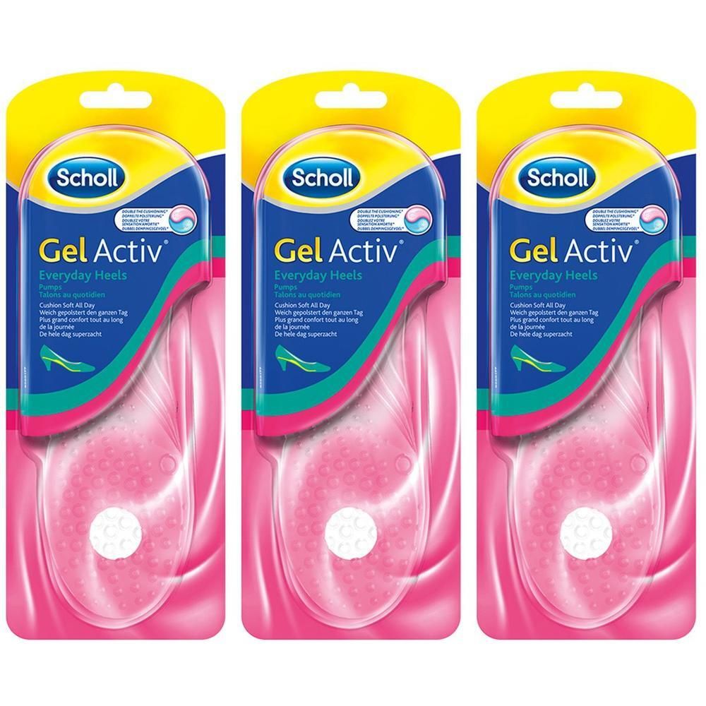 Scholl GelActiv Einlegesohlen für Pumps, 2 Paar. Rosa mit Gel-Struktur und weißem Fersenpolster.