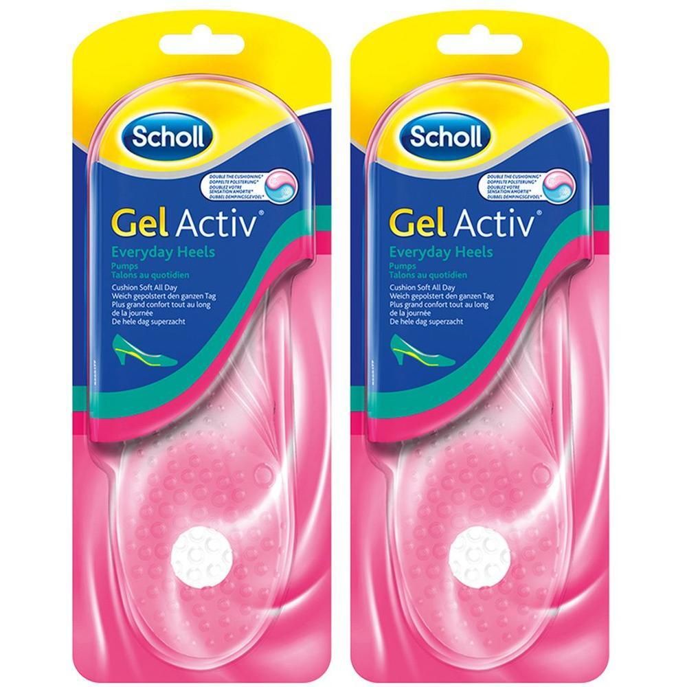 Scholl GelActiv Einlegesohlen für Pumps, 2 Paar. Transparente Gel-Einlagen mit rosa Akzenten und Noppenstruktur.