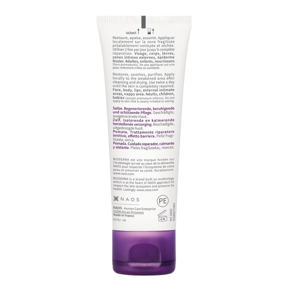 Rückseite einer Tube BIODERMA Cicabio Pommade mit Anwendungshinweisen.