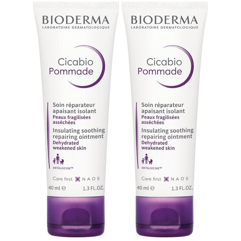 Zwei BIODERMA Cicabio Pommade Tuben, 40 ml, mit lila Akzenten.