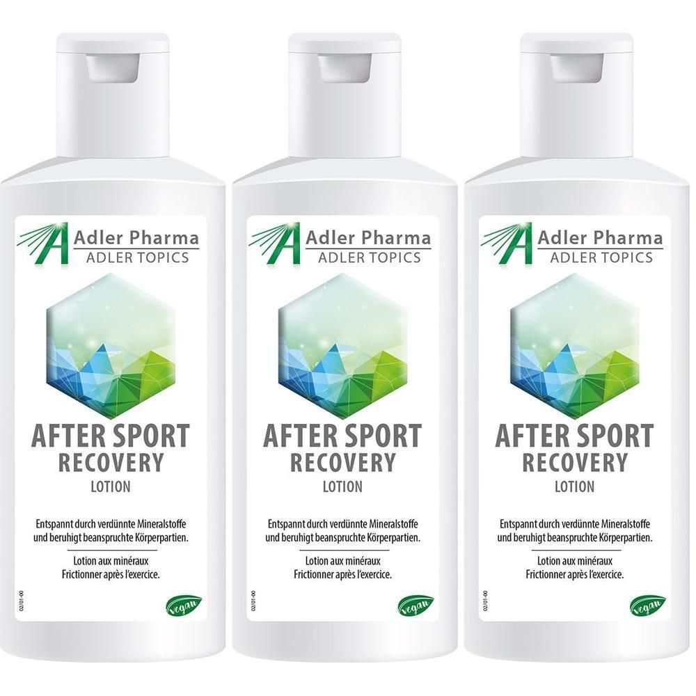 Drei Flaschen Adler Pharma After Sport Recovery Lotion mit weißem Klappdeckel.