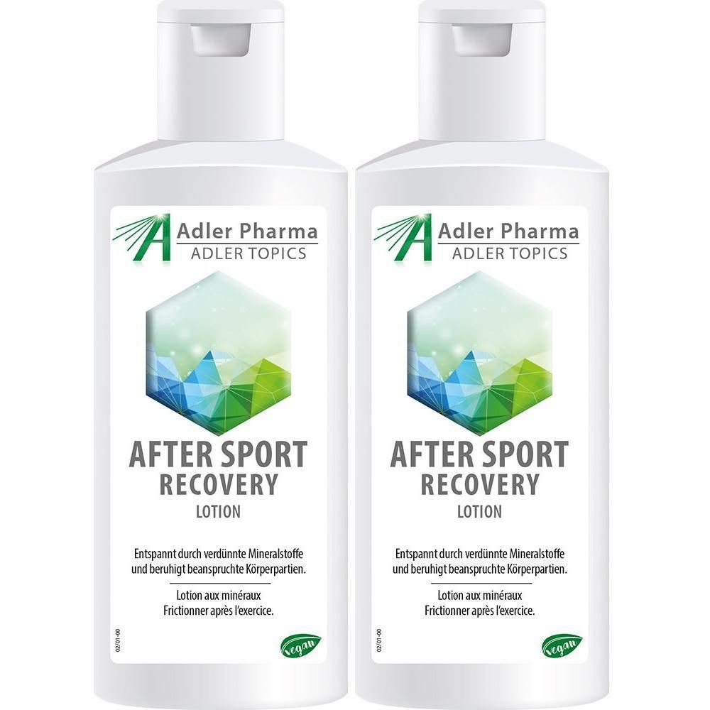 Zwei weiße Flaschen Adler Pharma After Sport Recovery Lotion mit Etiketten, die einen stilisierten Berg und den Produktnamen zeigen.