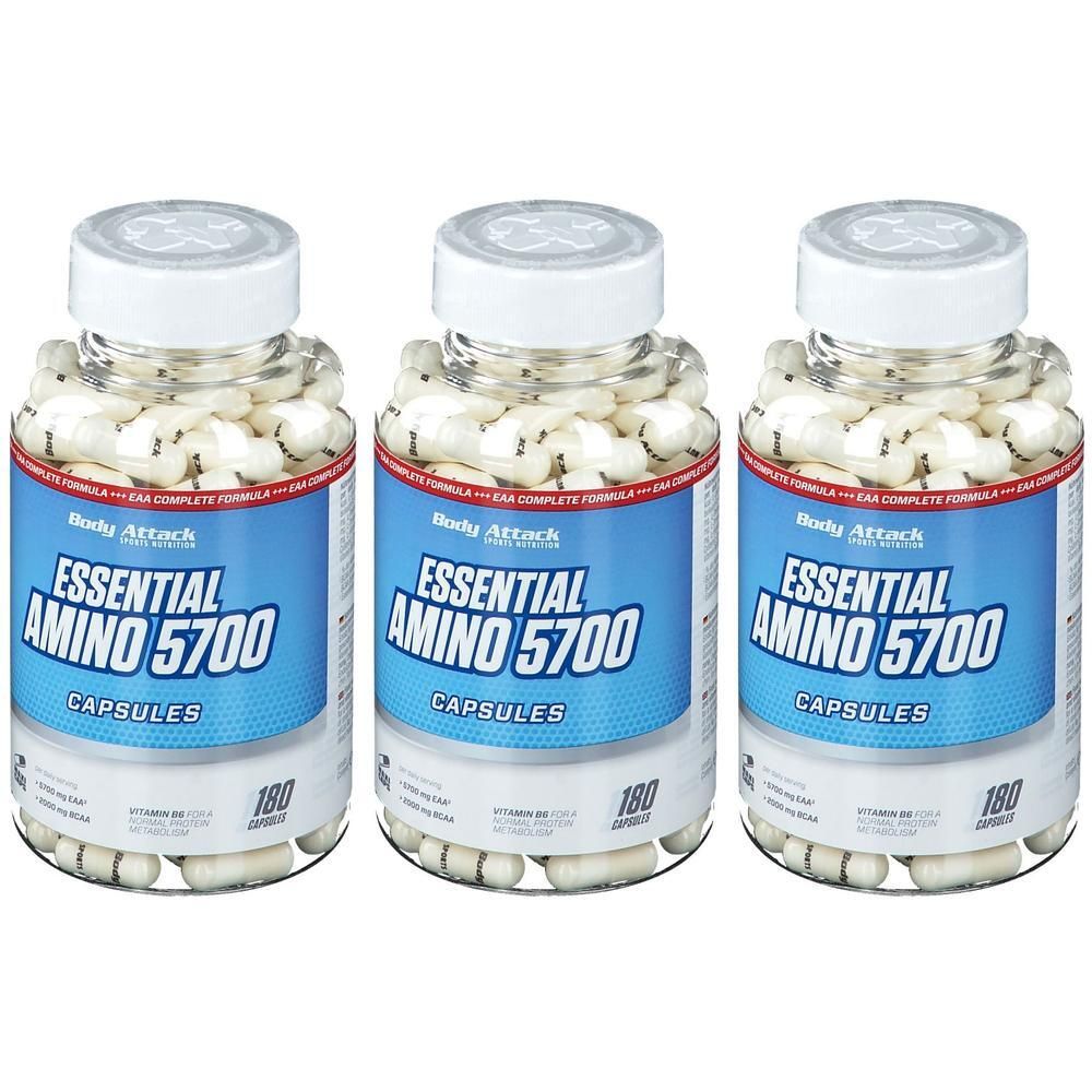 Drei Flaschen Body Attack Essential Amino 5700 Kapseln, jeweils 180 Kapseln.